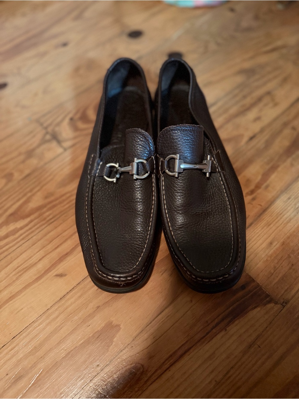 Salvatore Ferragamo Brown Pebbled Leather Gancini Bit Loafers Men’s Size 8 EE - Picture 1 of 4